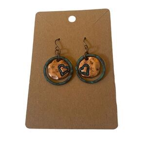 Vintage Copper & Green Oxidized Heart Drop Earrings.